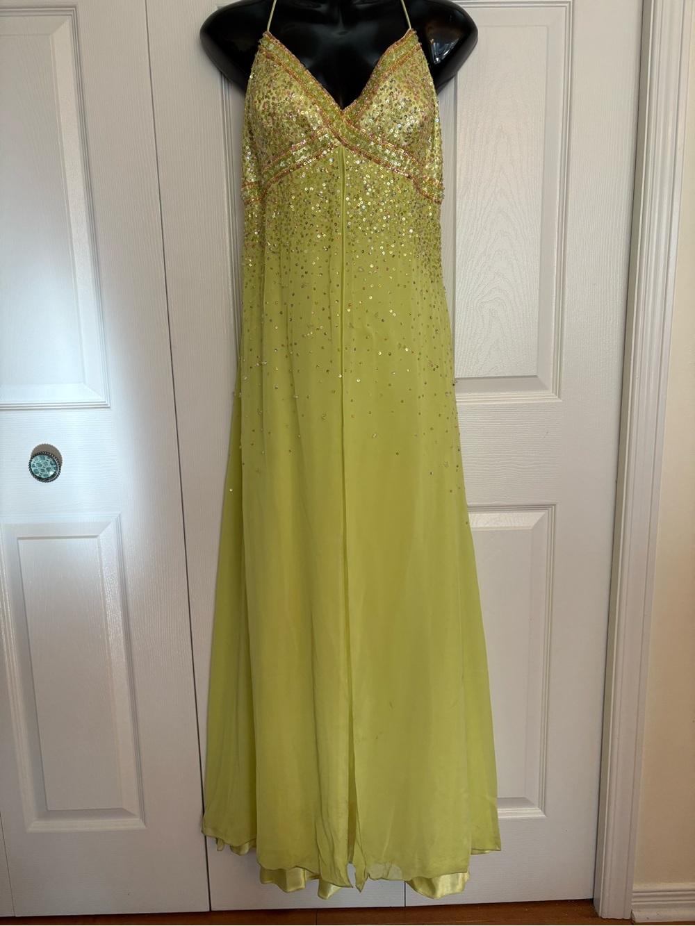 Spaghetti Strap Lime Green Maxi Dress with Sequined Bodice
